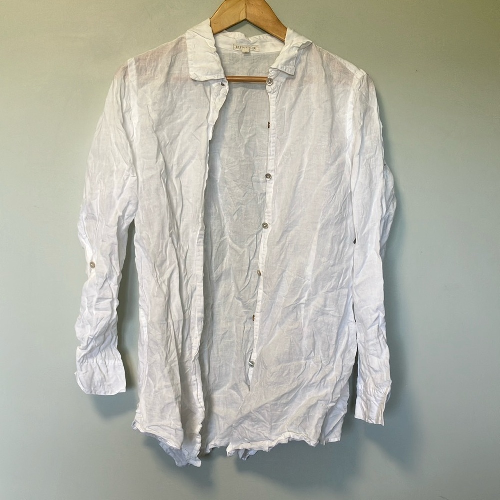 L, Eileen Fisher 100% Irish Linen White Button-Up Shirt